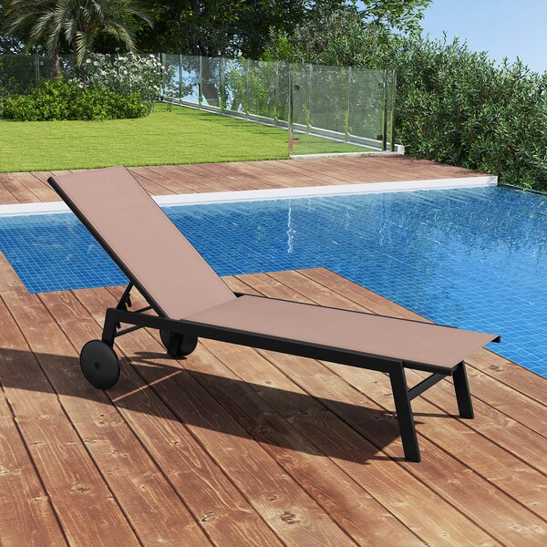 Costway Sdraio patio ruote poltrona reclinabile 6 posizioni schienale regolabile, Sdraio tessuto traspirante prendisole piscina terrazza giardino Marrone