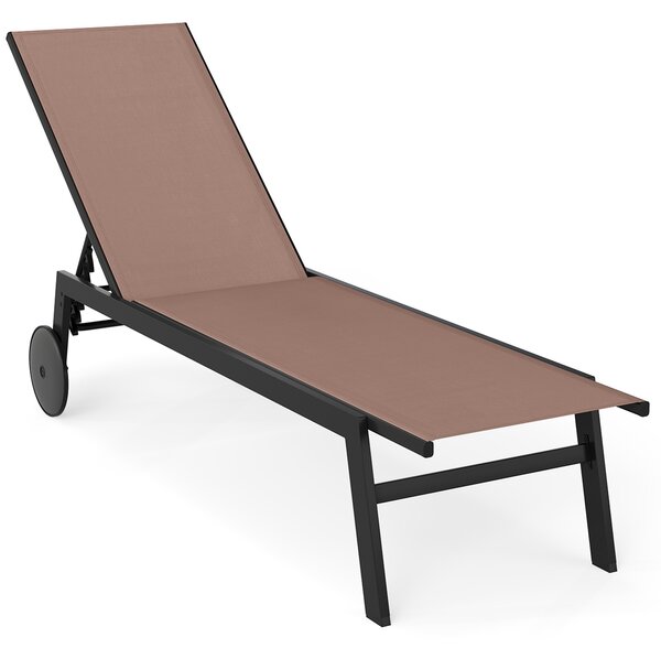 Costway Sdraio patio ruote poltrona reclinabile 6 posizioni schienale regolabile, Sdraio tessuto traspirante prendisole piscina terrazza giardino Marrone