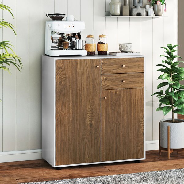 Costway Credenza buffet cucina 2 cassetti 2 ante 3 ripiani regolabili, Armadietto bar caffè organizzatore moderno rustico pranzo soggiorno ingresso Marrone