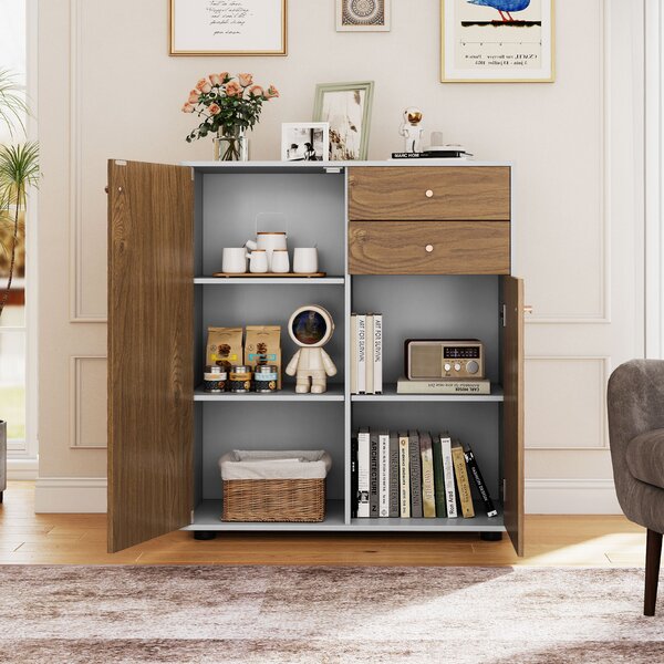 Costway Credenza buffet cucina 2 cassetti 2 ante 3 ripiani regolabili, Armadietto bar caffè organizzatore moderno rustico pranzo soggiorno ingresso Marrone