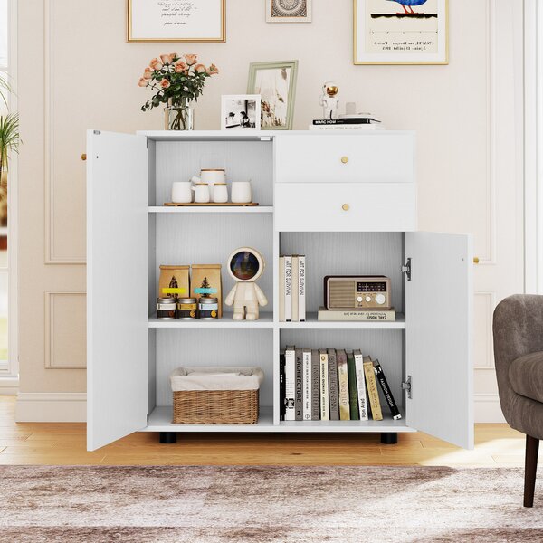 Costway Credenza buffet cucina 2 cassetti 2 ante 3 ripiani regolabili, Armadietto bar caffè organizzatore moderno rustico pranzo soggiorno ingresso Bianco