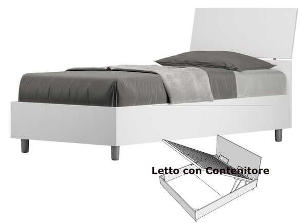 Letto Singolo con Contenitore, Design Testata Inclinata Modello DEMAS Dimensioni 80x190 cm Posizionabile in Poco Spazio Essenziale Colore Bianco Frassino