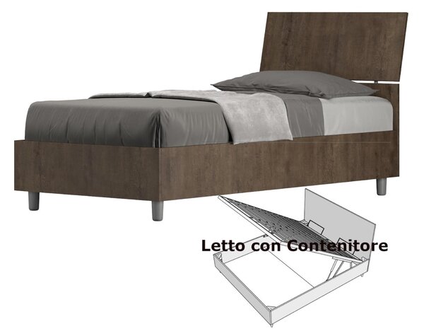 Letto Singolo con Contenitore, Design Testata Inclinata Modello DEMAS Dimensioni 80x190 cm Posizionabile in Poco Spazio Essenziale Colore Noce