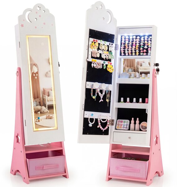 Costway Mobiletto gioielli bambini luci specchio figura intera 4 sensore, Mobiletto portagioielli principessa terra camera sala giochi Bianco