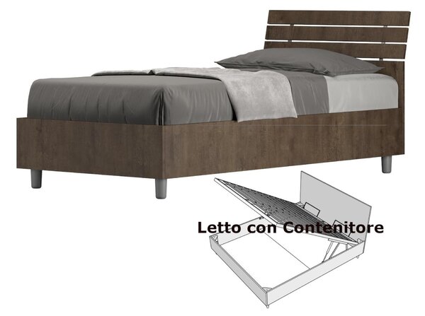Letto Singolo con Contenitore Design a DOGHE e Testata Inclinata Modello ANKEL Dimensioni 80x190 cm Posizionabile in Poco Spazio Essenziale Colore Noce