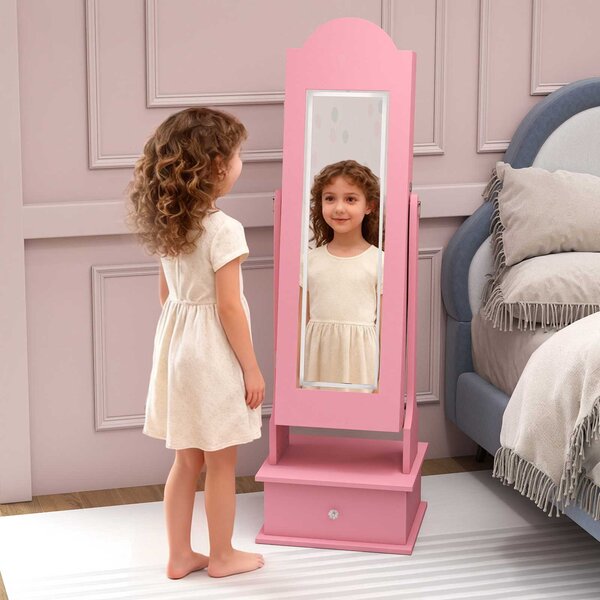Costway Armadietto gioielli bambini luci specchio figura intera 2 angoli inclinabili, Organizzatore armadio principessa camera sala giochi Rosa