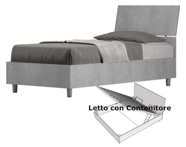 Letto Singolo con Contenitore, Design Testata Inclinata Modello DEMAS Dimensioni 80x190 cm Posizionabile in Poco Spazio Essenziale Colore Cemento