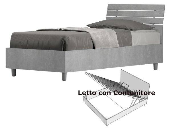 Letto Singolo con Contenitore Design a DOGHE e Testata Inclinata Modello ANKEL Dimensioni 80x190 cm Posizionabile in Poco Spazio Essenziale Colore Cemento