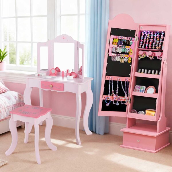 Costway Armadietto gioielli bambini luci specchio figura intera 2 angoli inclinabili, Organizzatore armadio principessa camera sala giochi Rosa