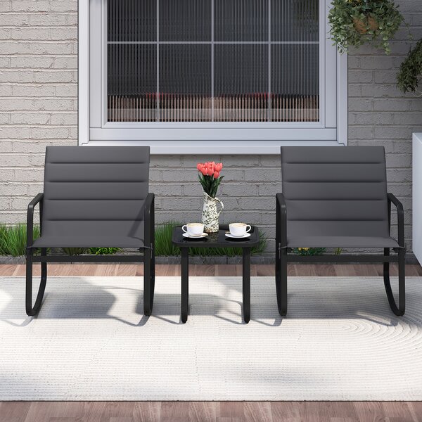 Costway Set da bistrot 3 pezzi esterno dondolo metallo cuscini morbidi vetro temperato, Set conversazione esterno sedie dondolo veranda giardino braccioli Nero