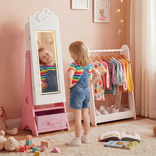 Costway Mobiletto gioielli bambini luci specchio figura intera 4 sensore, Mobiletto portagioielli principessa terra camera sala giochi Bianco