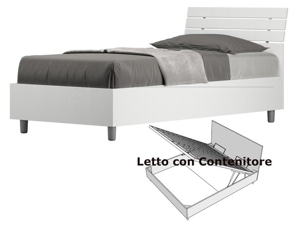 Letto Singolo con Contenitore, Design a DOGHE e Testata Inclinata Modello ANKEL Dimensioni 80x190 cm Posizionabile in Poco Spazio Essenziale Colore Bianco Frassino