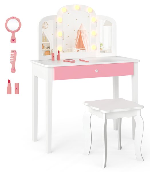 Costway Set tavolo trucco bambini 2 in 1 principessa specchio 3 pieghe luci led, Set sgabello legno bambine 3+ anni gioco creativo regalo Bianco