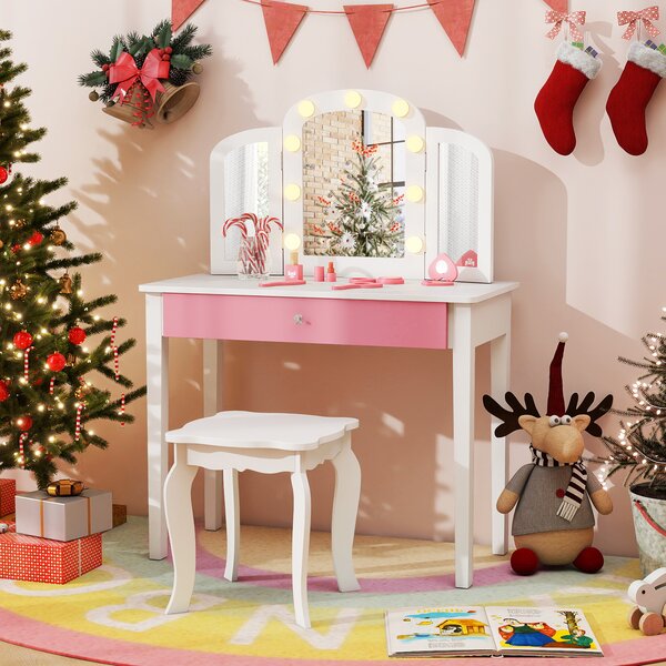 Costway Set tavolo trucco bambini 2 in 1 principessa specchio 3 pieghe luci led, Set sgabello legno bambine 3+ anni gioco creativo regalo Bianco