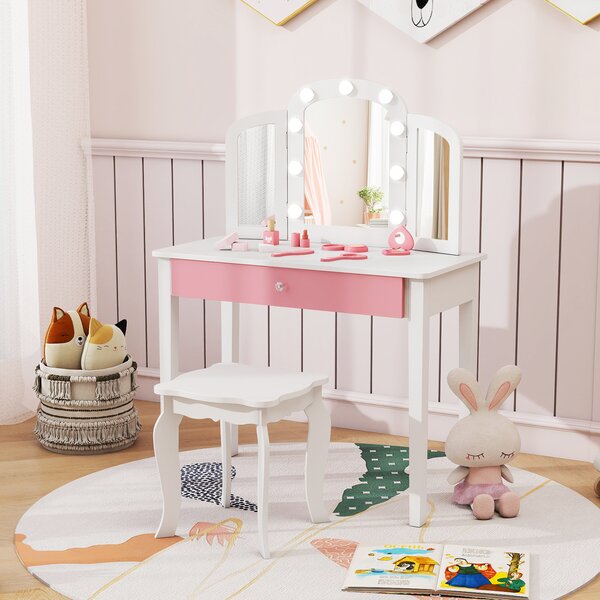 Costway Set tavolo trucco bambini 2 in 1 principessa specchio 3 pieghe luci led, Set sgabello legno bambine 3+ anni gioco creativo regalo Bianco