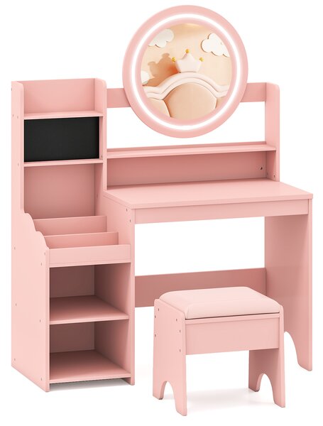 Costway Scrivania bambini specchio luci tavolo trucco principessa scaffale aperta, Tavolo anelli spazi sgabello imbottito finzione giochi bambini Rosa