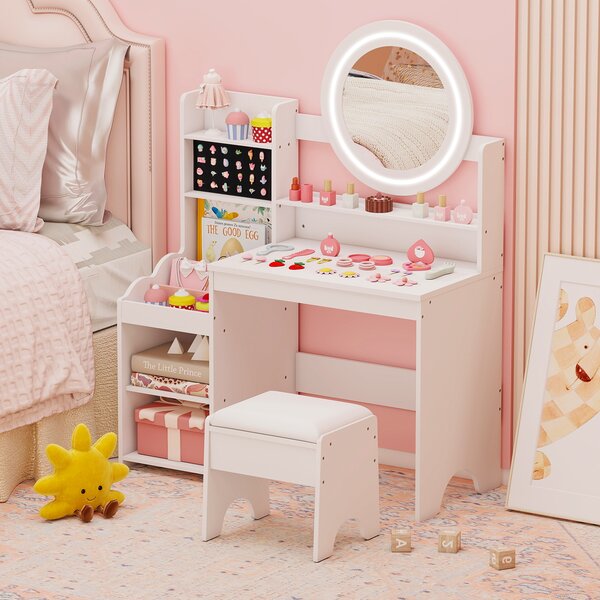 Costway Scrivania bambini specchio luci tavolo trucco principessa scaffale aperta, Tavolo anelli spazi sgabello imbottito finzione giochi bambini Bianco