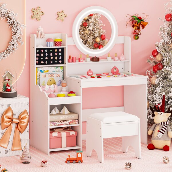 Costway Scrivania bambini specchio luci tavolo trucco principessa scaffale aperta, Tavolo anelli spazi sgabello imbottito finzione giochi bambini Bianco