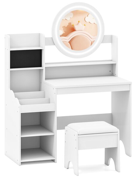 Costway Scrivania bambini specchio luci tavolo trucco principessa scaffale aperta, Tavolo anelli spazi sgabello imbottito finzione giochi bambini Bianco