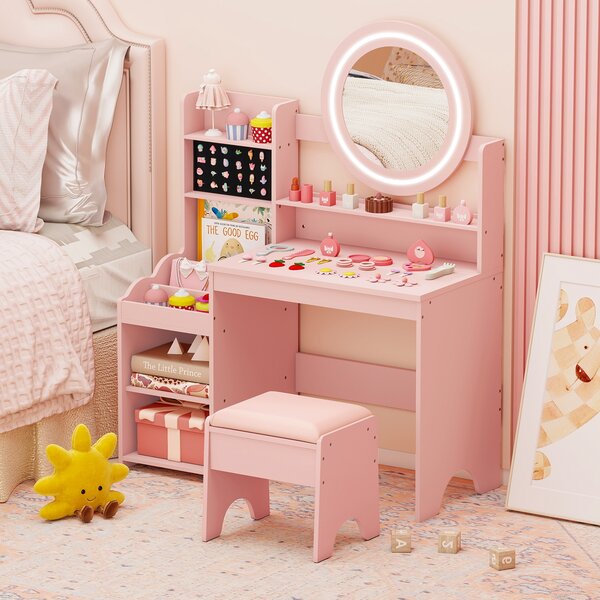 Costway Scrivania bambini specchio luci tavolo trucco principessa scaffale aperta, Tavolo anelli spazi sgabello imbottito finzione giochi bambini Rosa