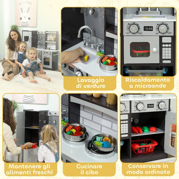 AIYAPLAY Cucina Giocattolo per Bambini 3-8 Anni con Accessori, Frigo, Lavandino e Manopole con Suoni, in Legno, Marrone | Aosom Italy
