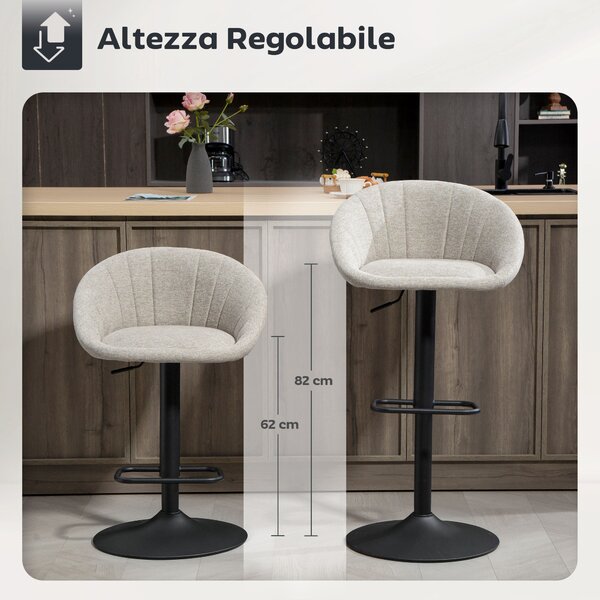 HOMCOM Set 2 Sgabelli da Bar con Altezza Regolabile, Seduta Girevole in Tessuto e Poggiapiedi, Beige | Aosom Italy