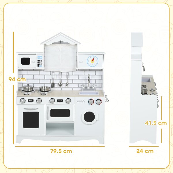 AIYAPLAY Cucina Giocattolo per Bambini 3-6 Anni in Legno con Set di Accessori, Lavandino e Manopole con Suoni, Bianco | Aosom Italy