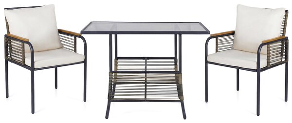 Costway Set bistro vimini 3 pezzi rattan tavolo rettangolare sedie, Set pranzo esterni salvaspazio cuscini patio balcone veranda Bianco