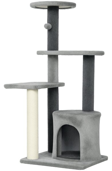 PawHut Albero per Gatti Multilivello Alto 103 cm con Pali Tiragraffi in Sisal, Casetta e Pallina in Peluche, Grigio | Aosom Italy