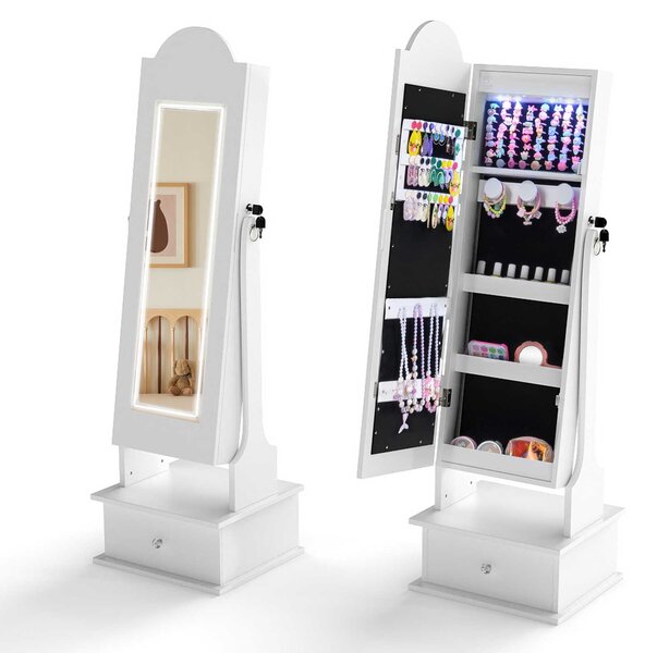 Costway Armadietto gioielli bambini luci specchio figura intera 2 angoli inclinabili, Organizzatore armadio principessa camera sala giochi Bianco