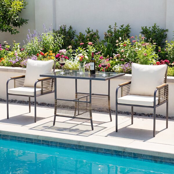 Costway Set bistro vimini 3 pezzi rattan tavolo rettangolare sedie, Set pranzo esterni salvaspazio cuscini patio balcone veranda Bianco