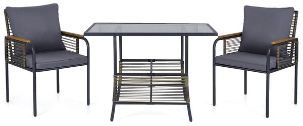 Costway Set bistro vimini 3 pezzi rattan tavolo rettangolare sedie, Set pranzo esterni salvaspazio cuscini patio balcone veranda Grigio