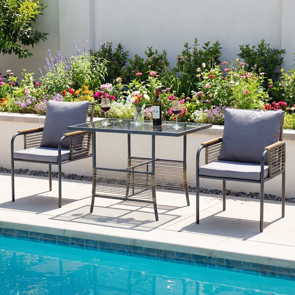 Costway Set bistro vimini 3 pezzi rattan tavolo rettangolare sedie, Set pranzo esterni salvaspazio cuscini patio balcone veranda Grigio