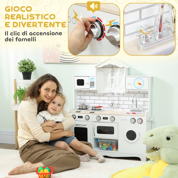 AIYAPLAY Cucina Giocattolo per Bambini 3-6 Anni in Legno con Set di Accessori, Lavandino e Manopole con Suoni, Bianco | Aosom Italy