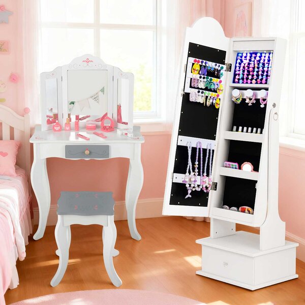 Costway Armadietto gioielli bambini luci specchio figura intera 2 angoli inclinabili, Organizzatore armadio principessa camera sala giochi Bianco