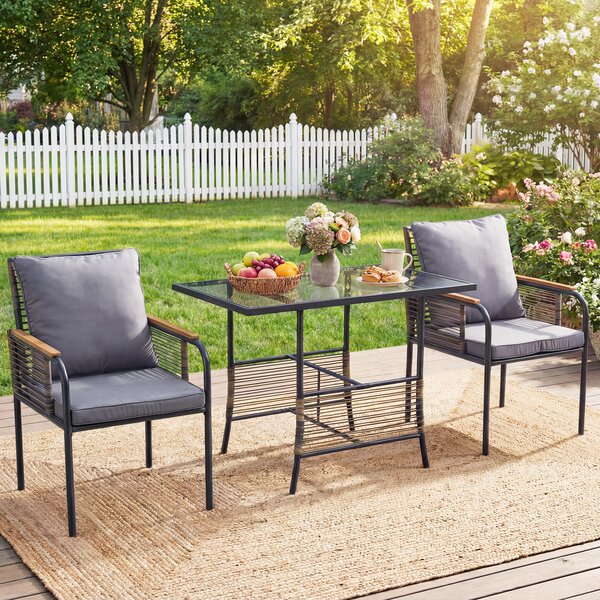 Costway Set bistro vimini 3 pezzi rattan tavolo rettangolare sedie, Set pranzo esterni salvaspazio cuscini patio balcone veranda Grigio