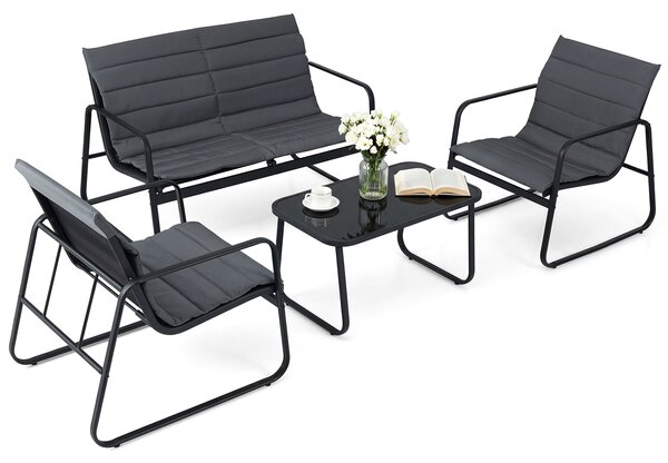 Costway Mobili esterno 4 pz salotto patio cuscini morbidi tavolino vetro temperato, Mobili sedie giardino veranda balcone cortile