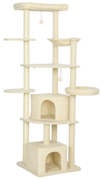 PawHut Albero per Gatti Alto 200 cm Multilivello con 2 Casette, 2 Lettini e Amaca, Struttura per 2-3 Gatti, Beige | Aosom Italy