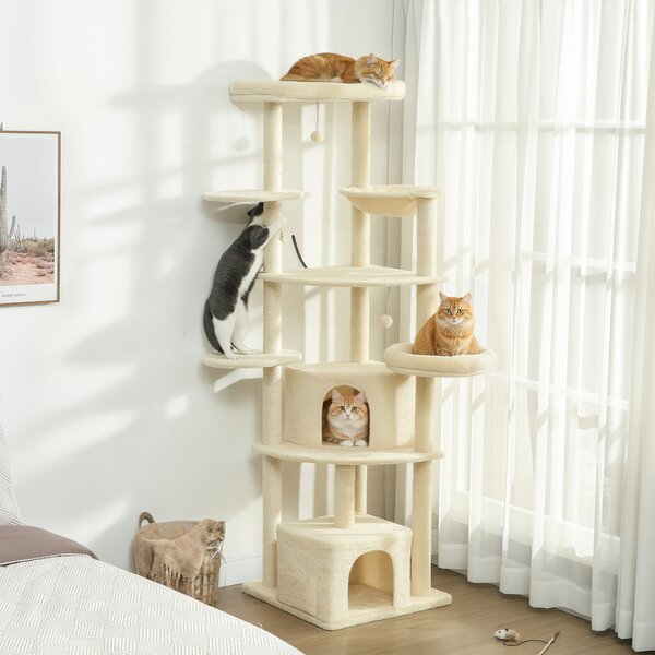 PawHut Albero per Gatti Alto 200 cm Multilivello con 2 Casette, 2 Lettini e Amaca, Struttura per 2-3 Gatti, Beige | Aosom Italy