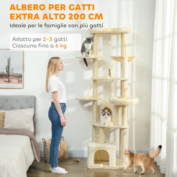 PawHut Albero per Gatti Alto 200 cm Multilivello con 2 Casette, 2 Lettini e Amaca, Struttura per 2-3 Gatti, Beige | Aosom Italy