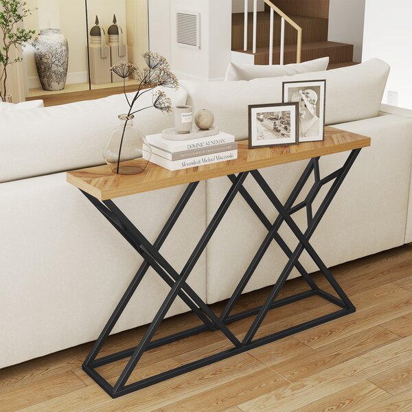Costway Tavolo consolle rustico base metallo geometrica 140cm lungo, Tavolo ingresso industriale retro divano corridoio soggiorno