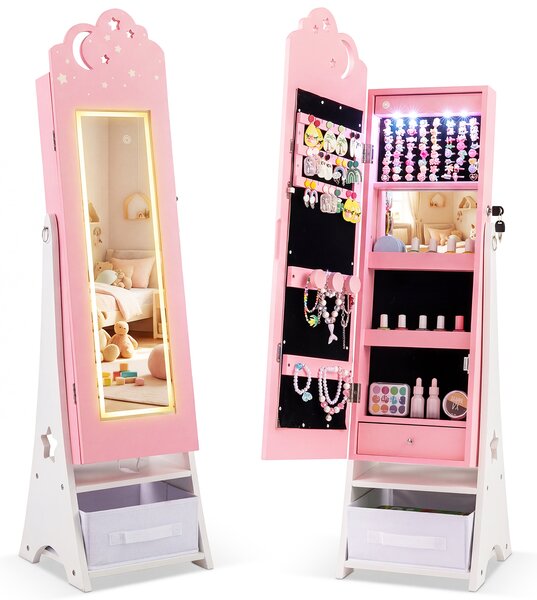 Costway Mobiletto gioielli bambini luci specchio figura intera 4 sensore, Mobiletto portagioielli principessa terra camera sala giochi Rosa