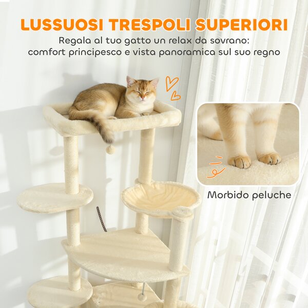PawHut Albero per Gatti Alto 200 cm Multilivello con 2 Casette, 2 Lettini e Amaca, Struttura per 2-3 Gatti, Beige | Aosom Italy