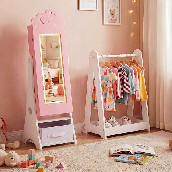 Costway Mobiletto gioielli bambini luci specchio figura intera 4 sensore, Mobiletto portagioielli principessa terra camera sala giochi Rosa