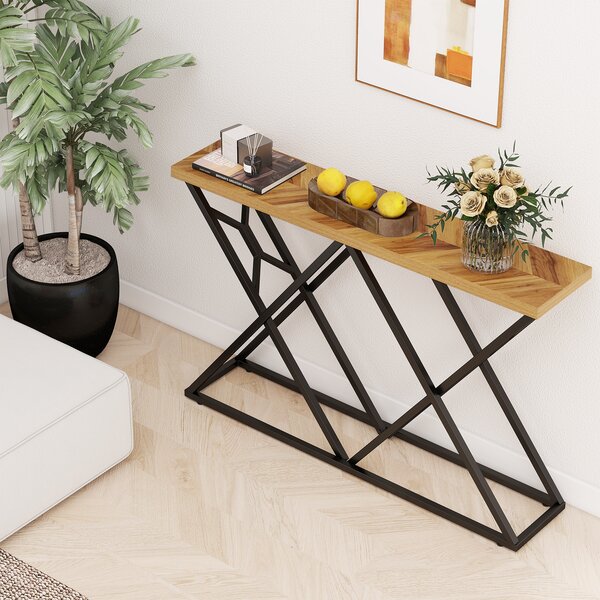 Costway Tavolo consolle rustico base metallo geometrica 140cm lungo, Tavolo ingresso industriale retro divano corridoio soggiorno