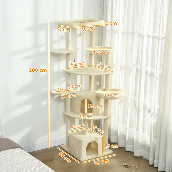 PawHut Albero per Gatti Alto 200 cm Multilivello con 2 Casette, 2 Lettini e Amaca, Struttura per 2-3 Gatti, Beige | Aosom Italy