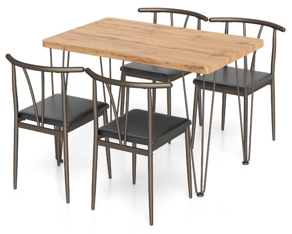 Costway Set pranzo 5 pz tavolo cucina rettangolare industriale 4 sedie senza braccioli, Set seduta imbottita schienale raggiera mobili salvaspazio sala pranzo soggiorno