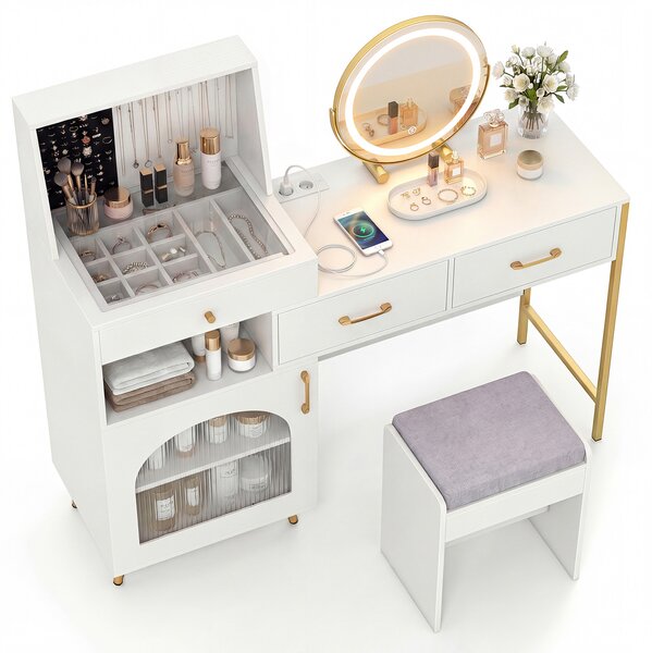 Costway Tavolo trucco specchio luci 3 modalità vetro 3 cassetti, Tavolo trucco 120 slot 10 ganci scomparto armadietto sgabello