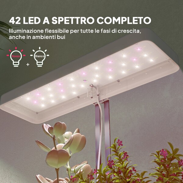 Outsunny Lampade per Pianta da 42 Luci LED con 3 Vasi, Timer e Illuminazione Regolabile, 45x18.8x47.8 cm, Bianco | Aosom Italy