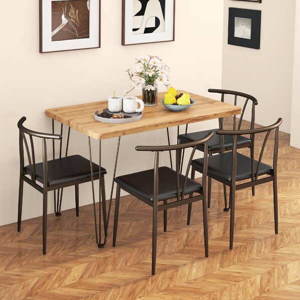 Costway Set pranzo 5 pz tavolo cucina rettangolare industriale 4 sedie senza braccioli, Set seduta imbottita schienale raggiera mobili salvaspazio sala pranzo soggiorno